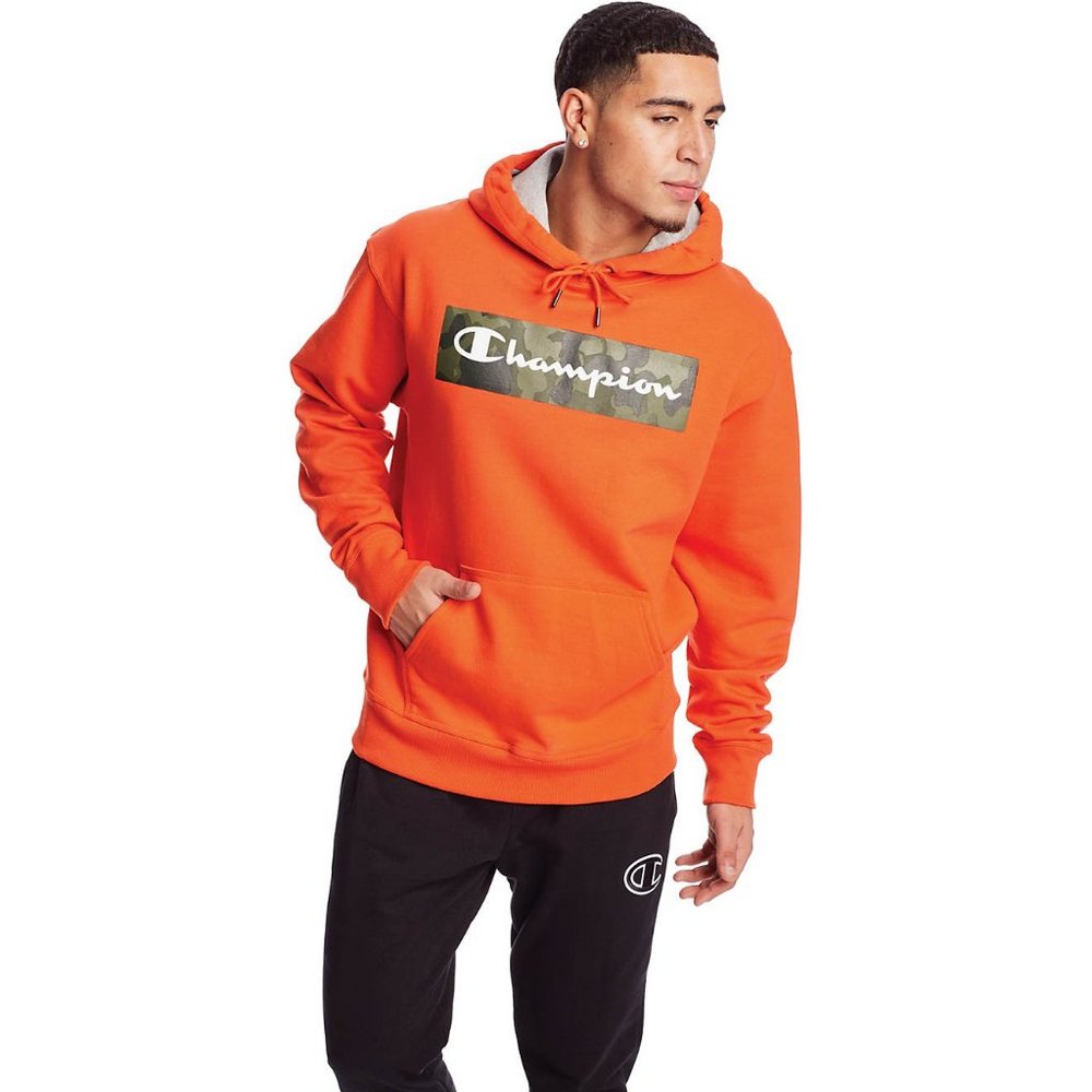 Champion Powerblend Fleece Camo Camouflage Orange Hoodie Sweatshirt Script Logo - Picture 4 of 15